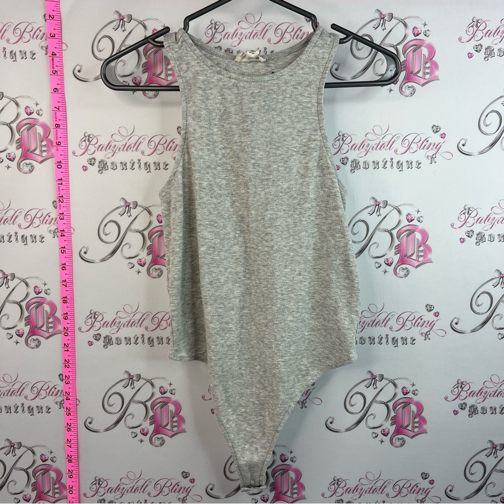 Open Edit- Gray Sleeveless Bodysuit Tank Top shirt one piece grey Heathered